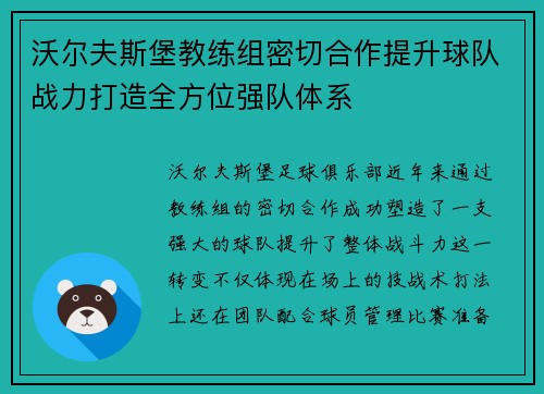 沃尔夫斯堡教练组密切合作提升球队战力打造全方位强队体系