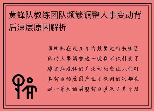 黄蜂队教练团队频繁调整人事变动背后深层原因解析
